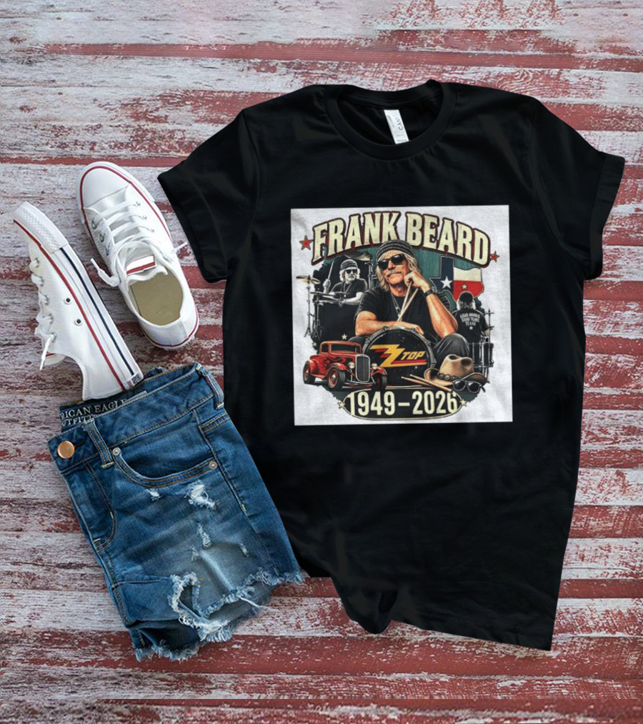 Frank Beard ZZ Top Rock Texas Drummer 1949 2026 Vintage Car And Drumsticks T-Shirt