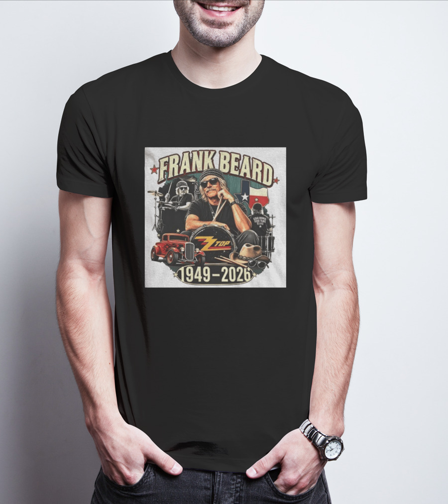 Frank Beard ZZ Top Rock Texas Drummer 1949 2026 Vintage Car And Drumsticks T-Shirt