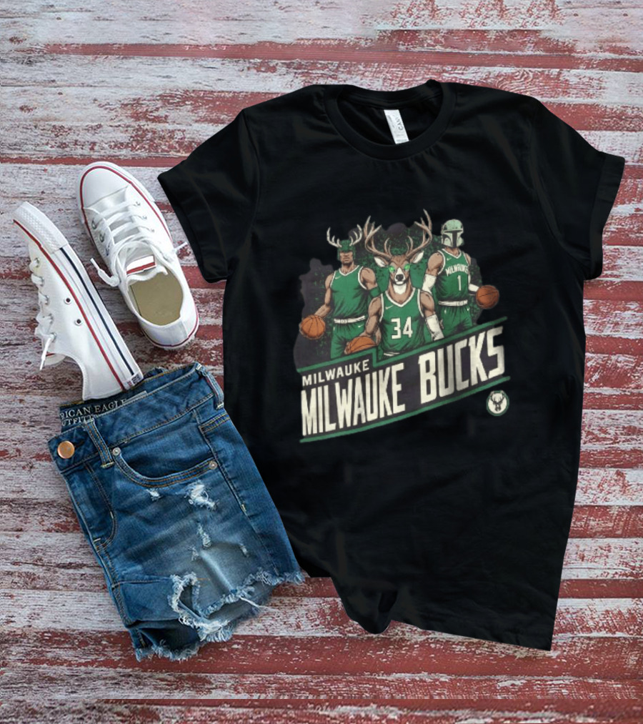 Milwaukee Bucks NBA Antler Helmet Buck Head Mandalorian Basketball Players T-Shirt