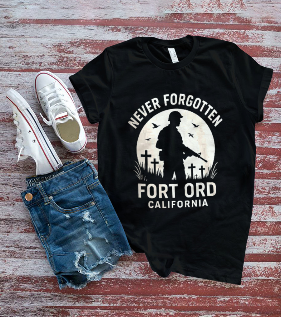 Never Forgotten Fort Ord California Soldier Moon Crosses Birds T-Shirt