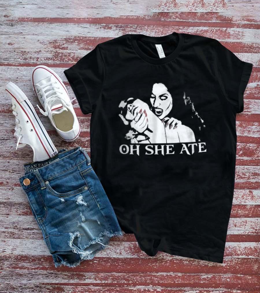 Oh She Ate Female Vampire Biting Neck Red Nails Stencil T-Shirt