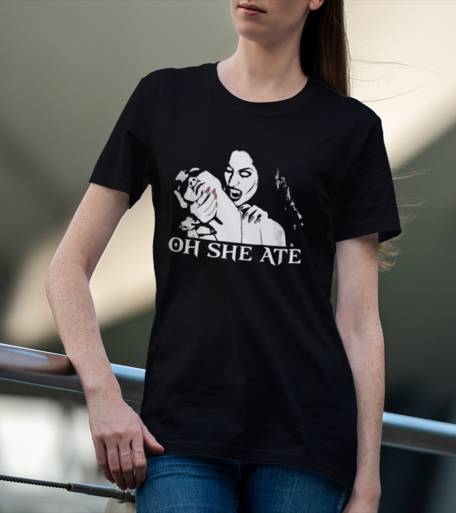 Oh She Ate Female Vampire Biting Neck Red Nails Stencil T-Shirt