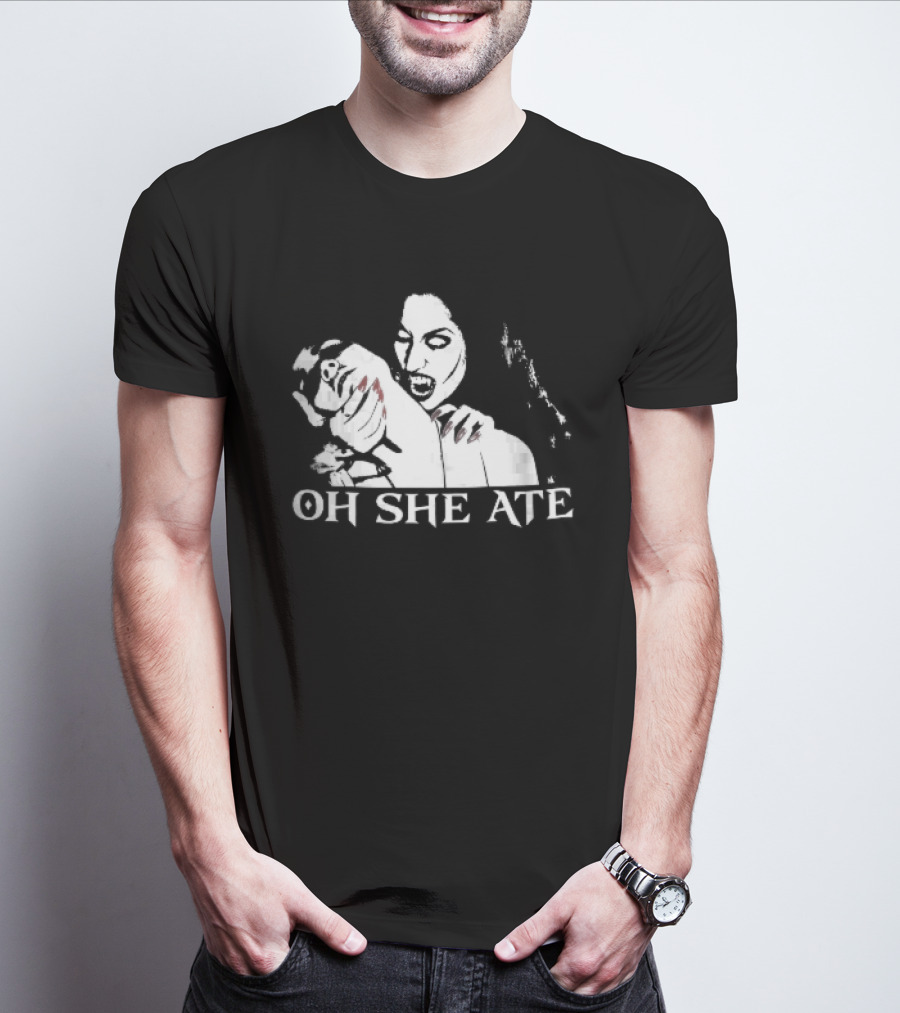 Oh She Ate Female Vampire Biting Neck Red Nails Stencil T-Shirt