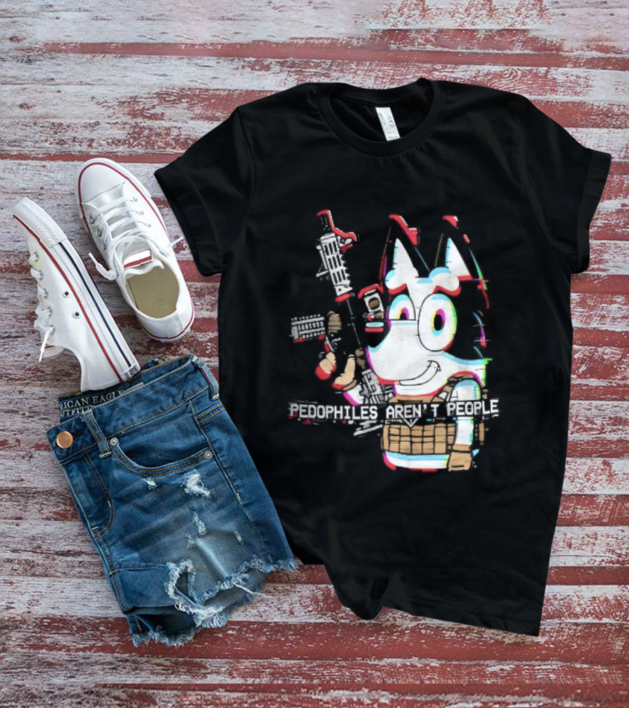 Pedophiles Aren't People Cartoon Dog Tactical Vest Assault Rifle Glitch Effect T-Shirt