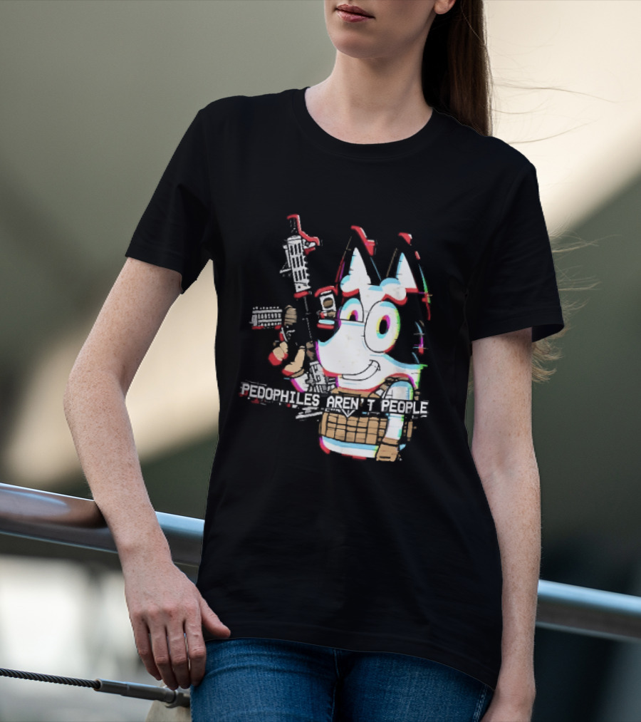 Pedophiles Aren't People Cartoon Dog Tactical Vest Assault Rifle Glitch Effect T-Shirt