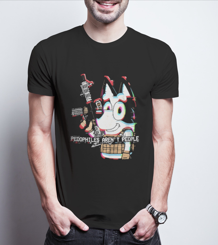 Pedophiles Aren't People Cartoon Dog Tactical Vest Assault Rifle Glitch Effect T-Shirt
