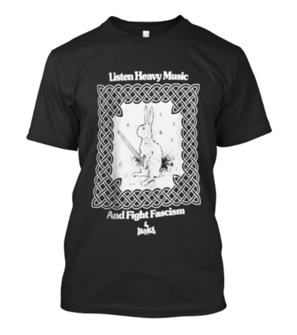 Listen Heavy Music And Fight Fascism Bunny With Sword Celtic Knot Frame T-Shirt