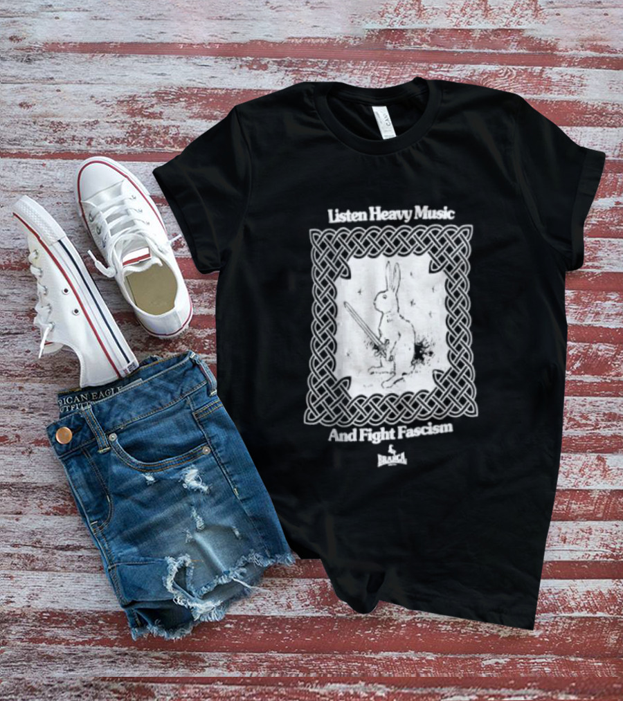 Listen Heavy Music And Fight Fascism Bunny With Sword Celtic Knot Frame T-Shirt