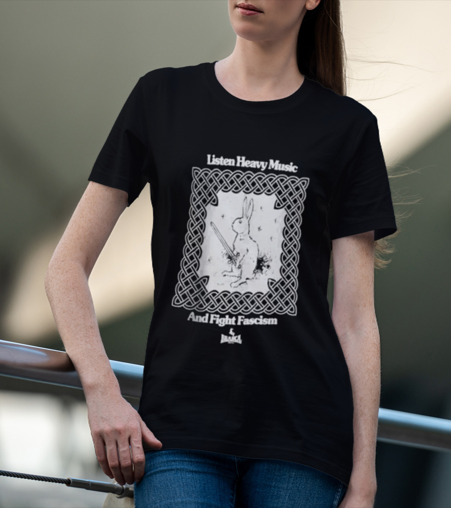 Listen Heavy Music And Fight Fascism Bunny With Sword Celtic Knot Frame T-Shirt