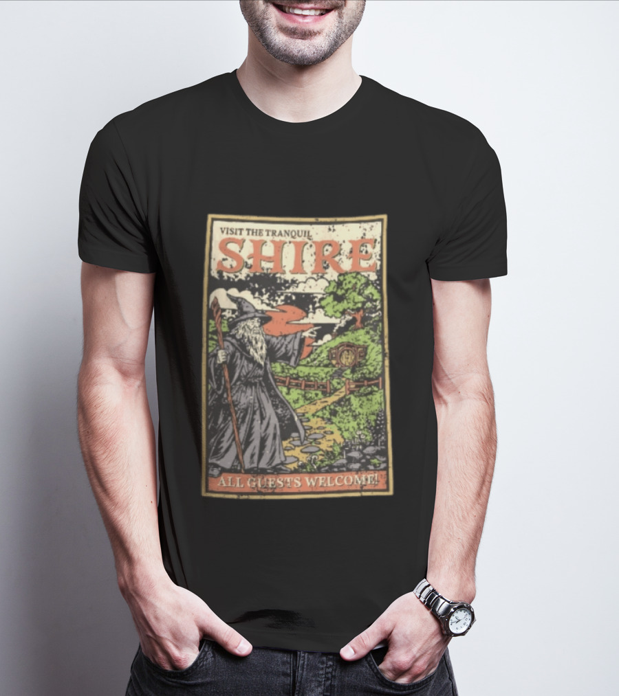 Visit The Tranquil Shire All Guests Welcome Gandalf Hobbit Hole Scene T-Shirt