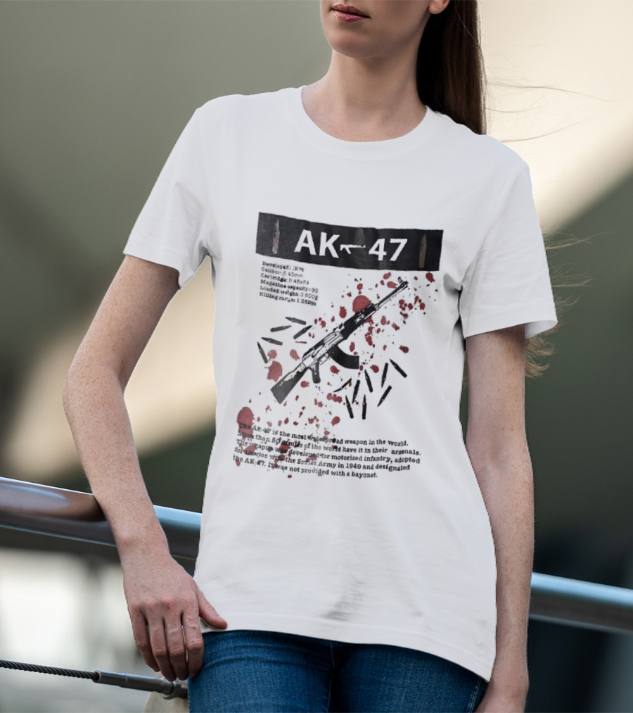 AK 47 1949 Rifle Sketch Red Blood Splatter Bullets Widespread Weapon Statistics T-Shirt