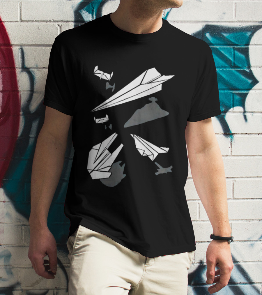 White Origami Paper Airplanes Star Wars Spaceship Shadow Illusions T-Shirt