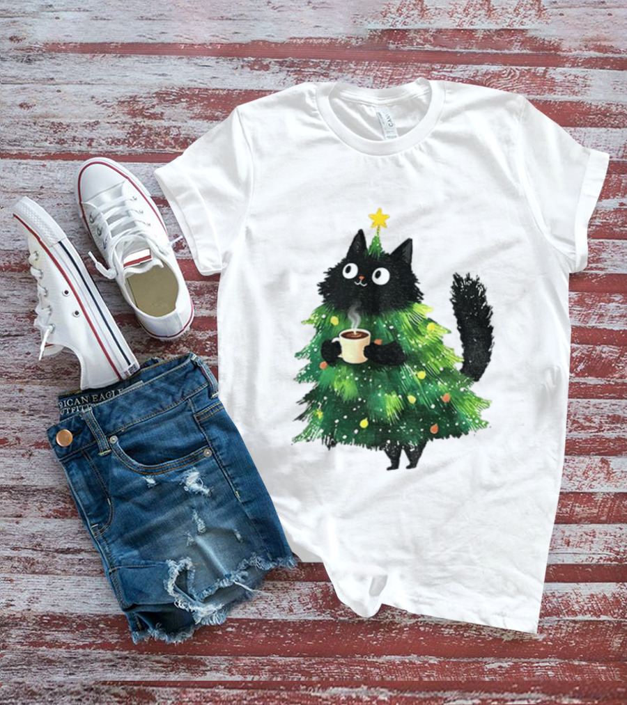 Black Cat Christmas Tree With Hot Coffee Cup T-Shirt