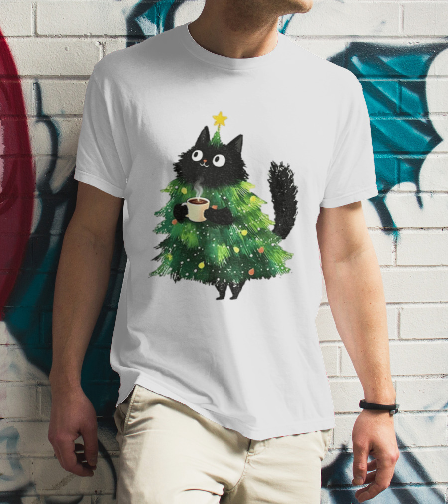 Black Cat Christmas Tree With Hot Coffee Cup T-Shirt