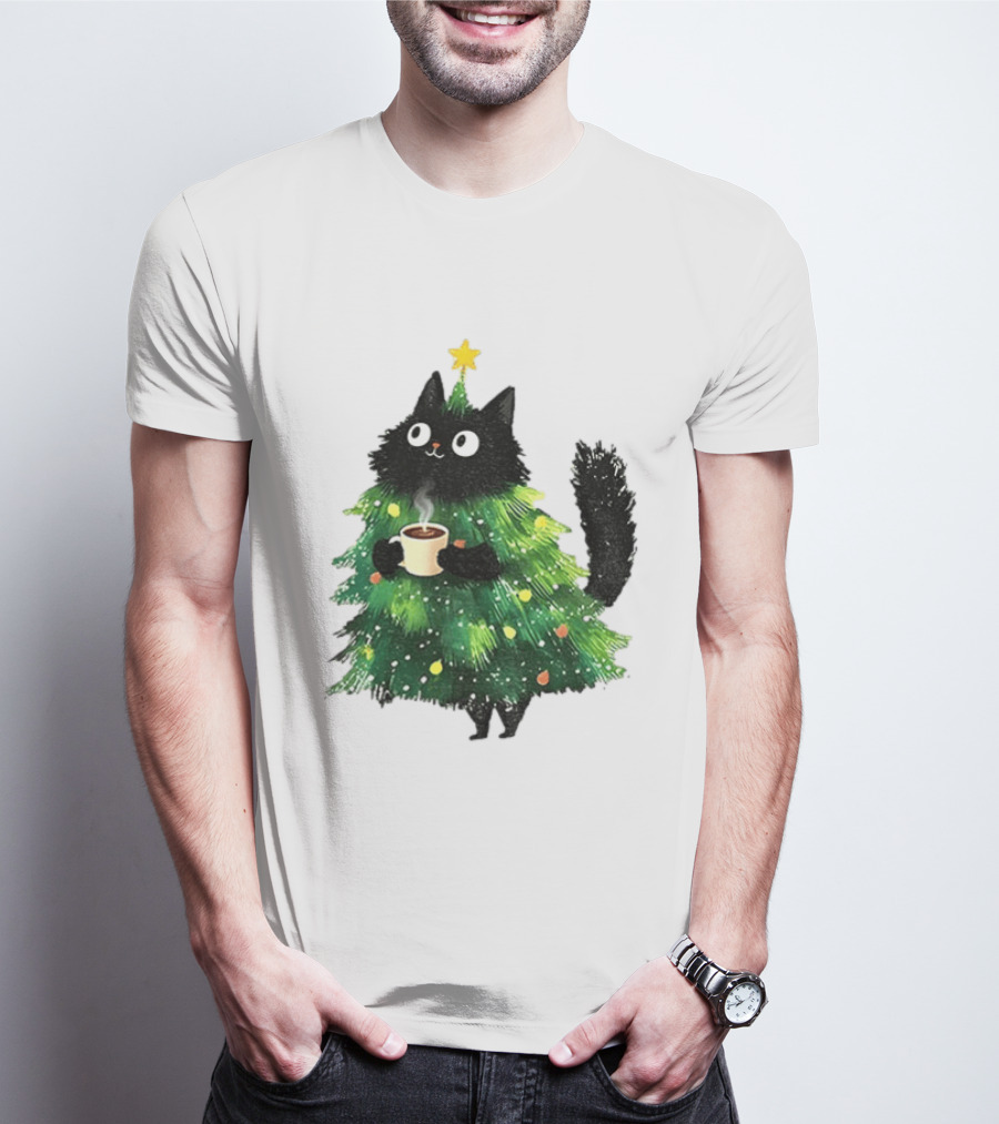 Black Cat Christmas Tree With Hot Coffee Cup T-Shirt