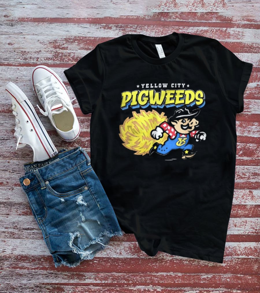 Yellow City Pigweeds Cartoon Cowboy Overalls Tumbleweed Running T-Shirt