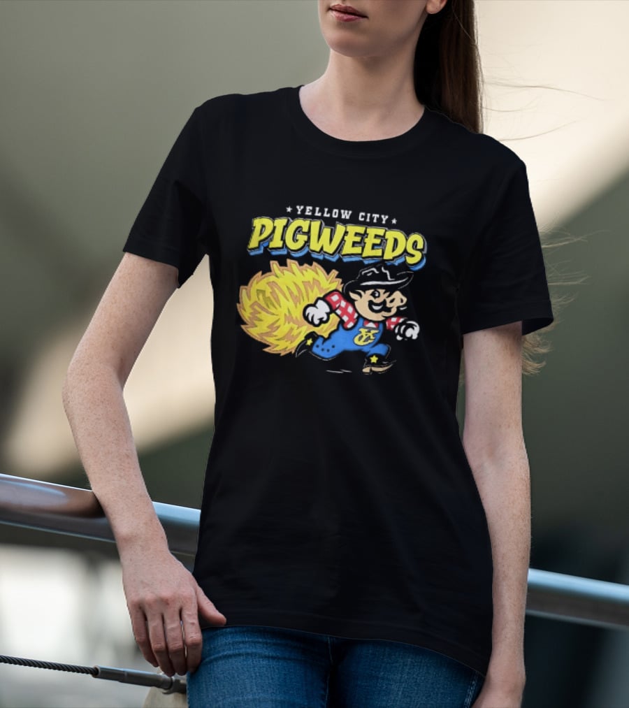 Yellow City Pigweeds Cartoon Cowboy Overalls Tumbleweed Running T-Shirt