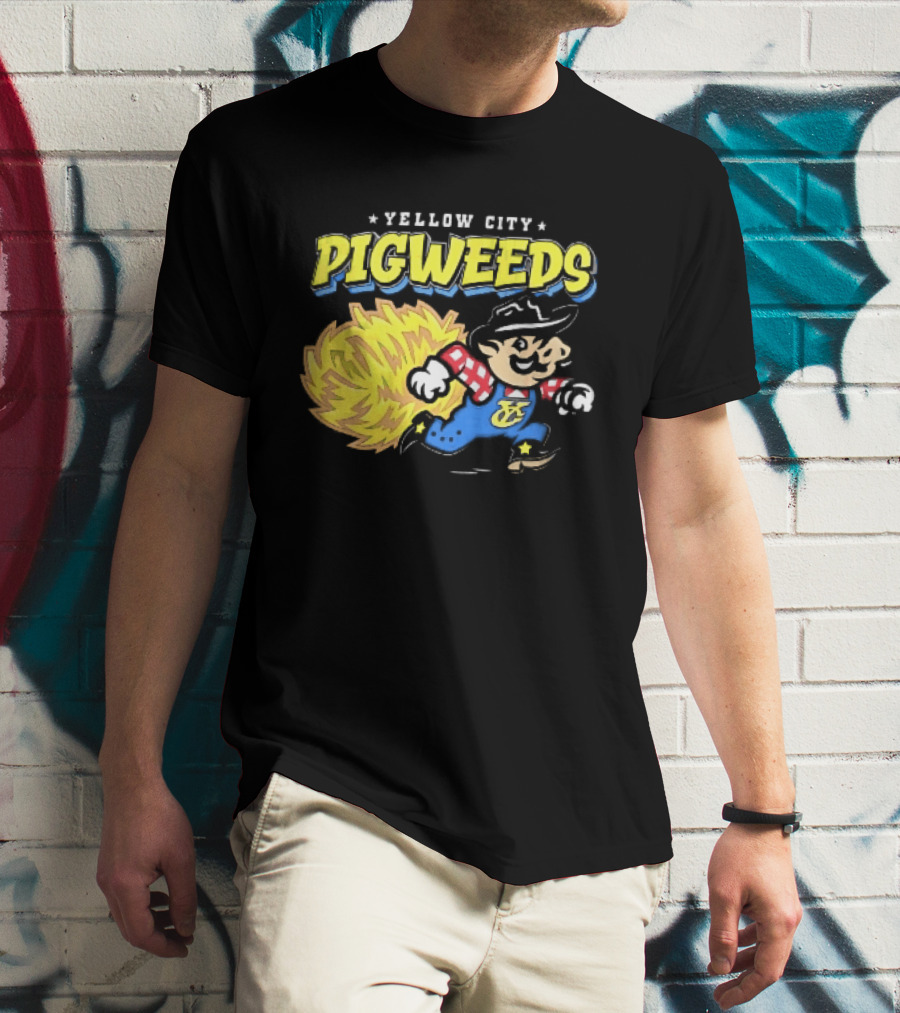 Yellow City Pigweeds Cartoon Cowboy Overalls Tumbleweed Running T-Shirt
