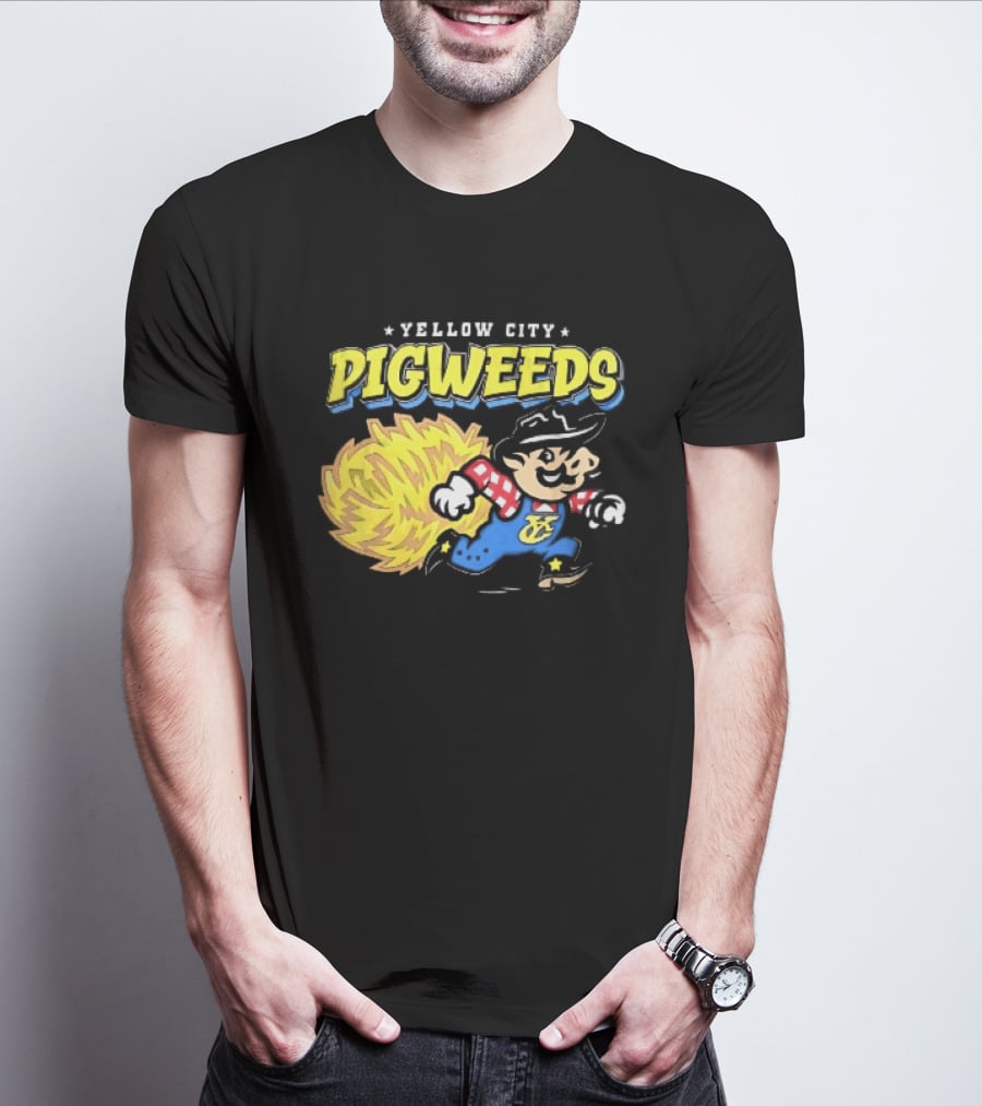 Yellow City Pigweeds Cartoon Cowboy Overalls Tumbleweed Running T-Shirt
