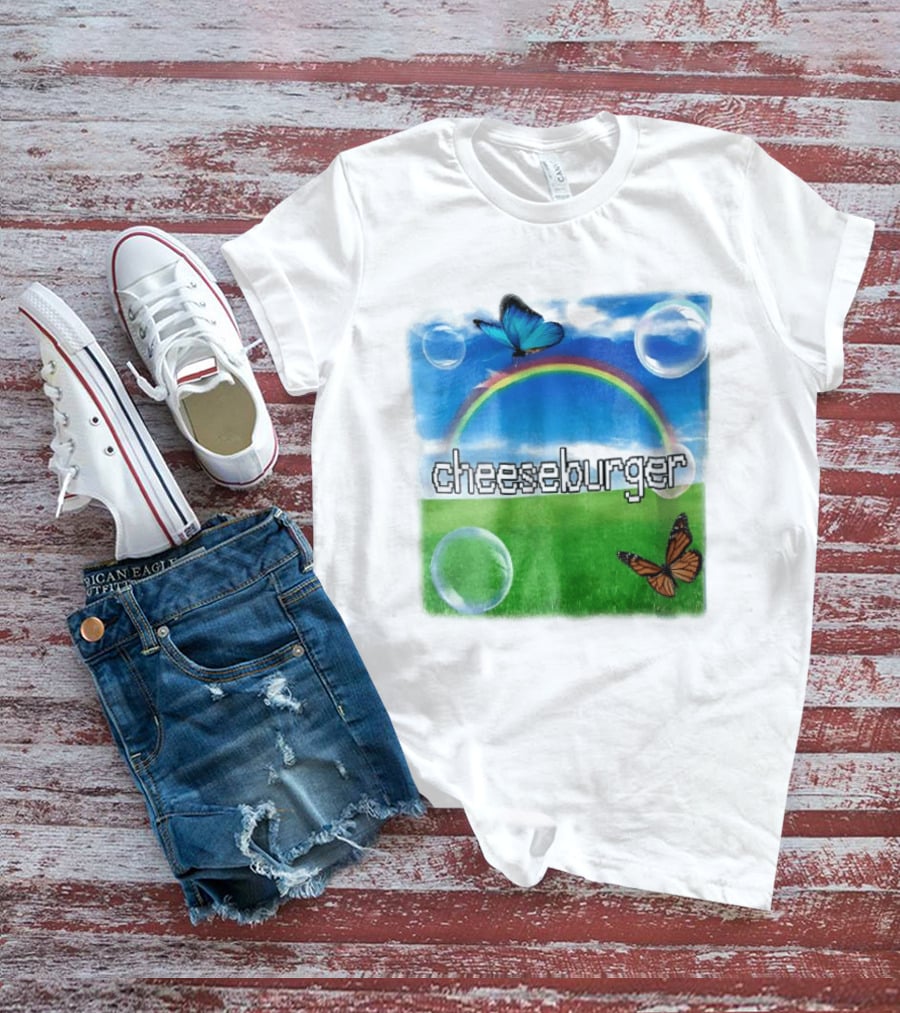 Cheeseburger Pixel Text Rainbow Butterflies Floating Bubbles T-Shirt