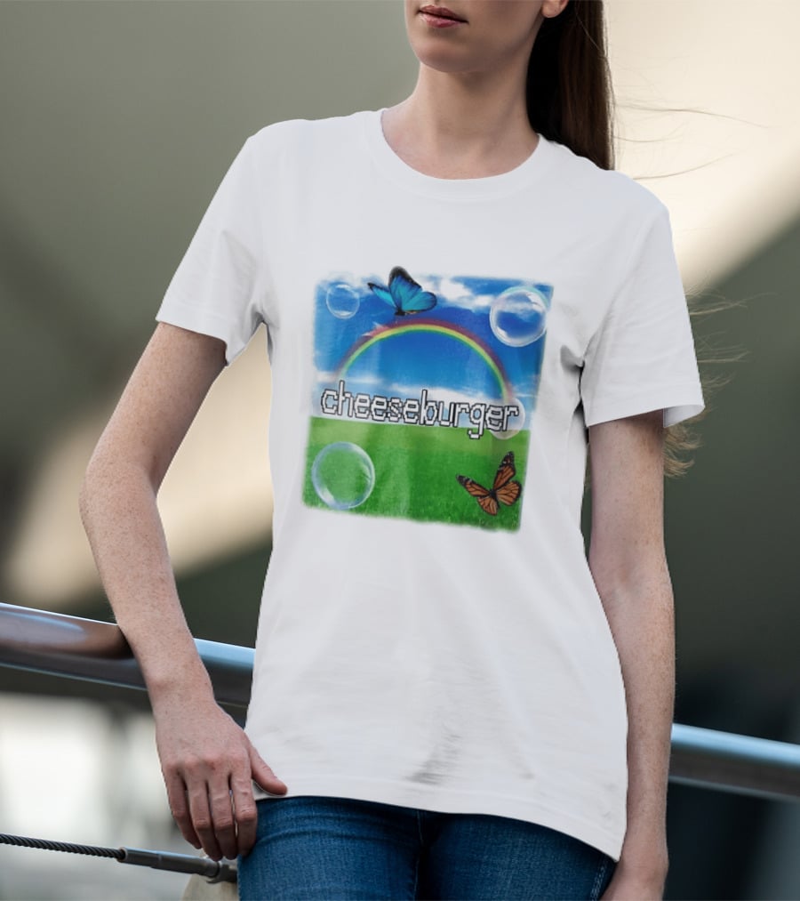 Cheeseburger Pixel Text Rainbow Butterflies Floating Bubbles T-Shirt