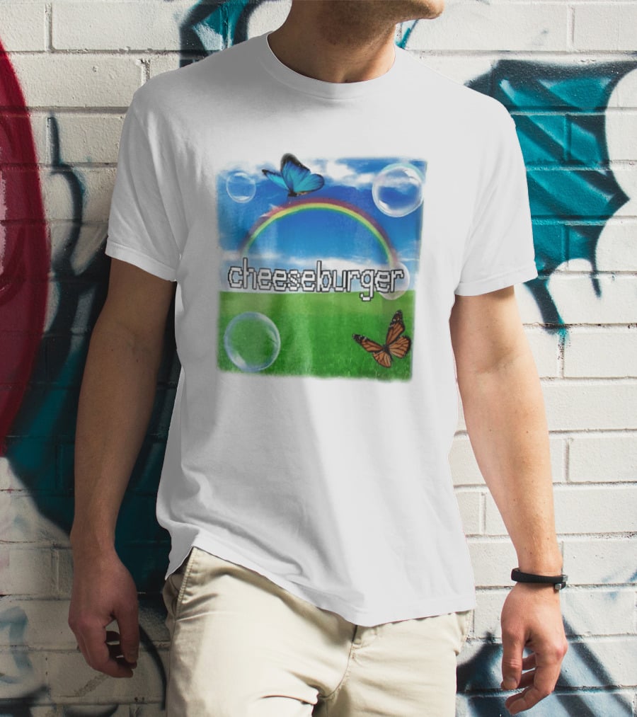 Cheeseburger Pixel Text Rainbow Butterflies Floating Bubbles T-Shirt