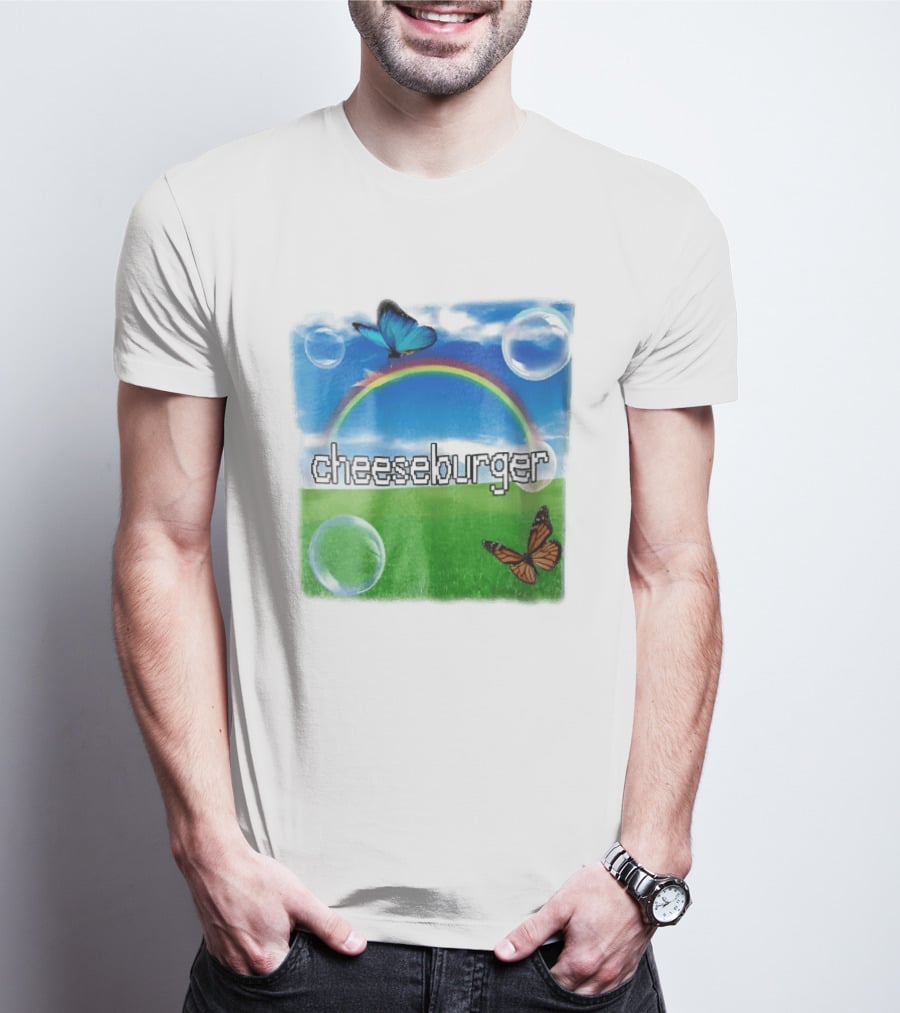 Cheeseburger Pixel Text Rainbow Butterflies Floating Bubbles T-Shirt