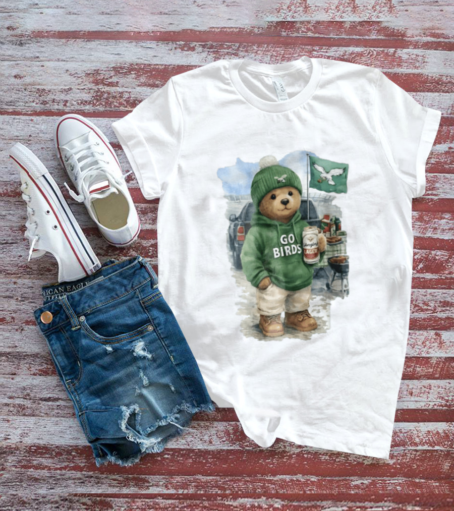 Philadelphia Eagles Go Birds Yuengling Lager Tailgate Teddy Bear Watercolor Truck Scene T-Shirt
