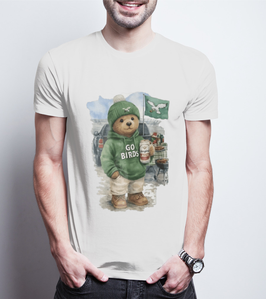 Philadelphia Eagles Go Birds Yuengling Lager Tailgate Teddy Bear Watercolor Truck Scene T-Shirt