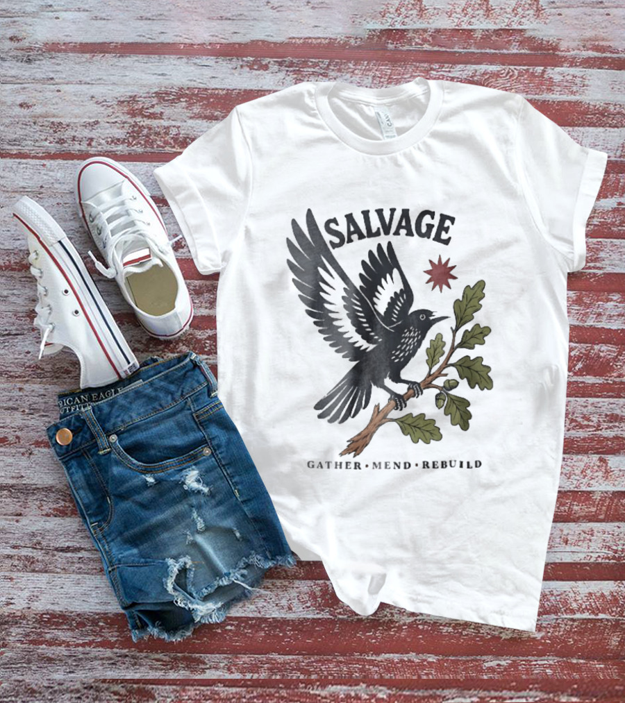 Salvage Gather Mend Rebuild Bird On Oak Branch With Acorns T-Shirt