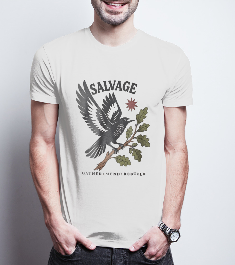 Salvage Gather Mend Rebuild Bird On Oak Branch With Acorns T-Shirt