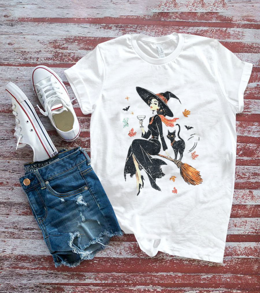 Witch Cat Ringer Spooky Fall Pumpkin Halloween Vintage Witch And Black Cat On Broomstick With Coffee Cup And Autumn Leaves T-Shirt