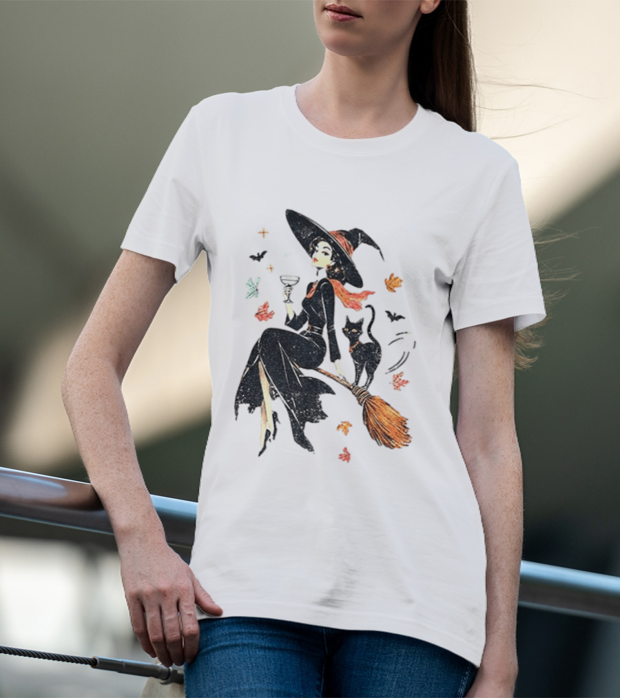 Witch Cat Ringer Spooky Fall Pumpkin Halloween Vintage Witch And Black Cat On Broomstick With Coffee Cup And Autumn Leaves T-Shirt