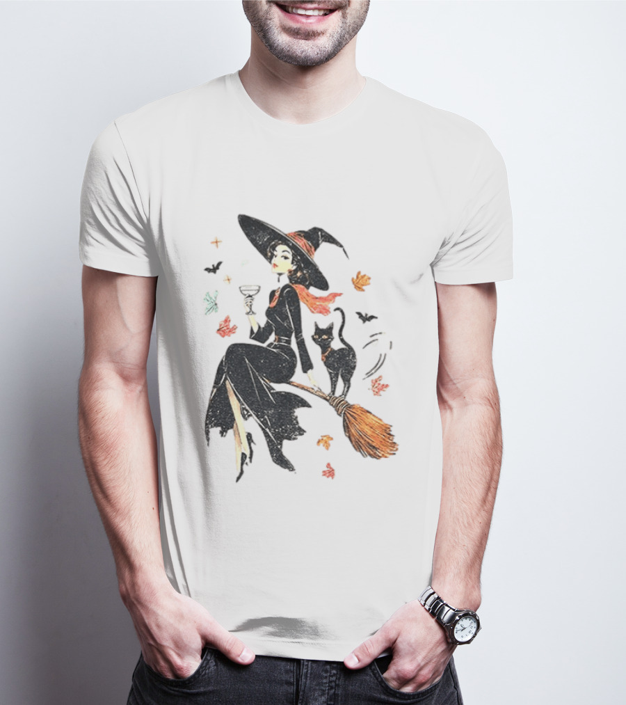 Witch Cat Ringer Spooky Fall Pumpkin Halloween Vintage Witch And Black Cat On Broomstick With Coffee Cup And Autumn Leaves T-Shirt