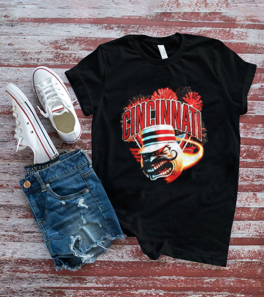 Cincinnati Reds Angry Pillbox Hat Fireball Fireworks MLB T-Shirt