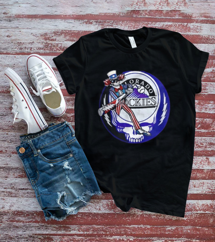 Colorado Rockies Grateful Dead Uncle Sam Skeleton Batting Lightning Stealie Skull T-Shirt