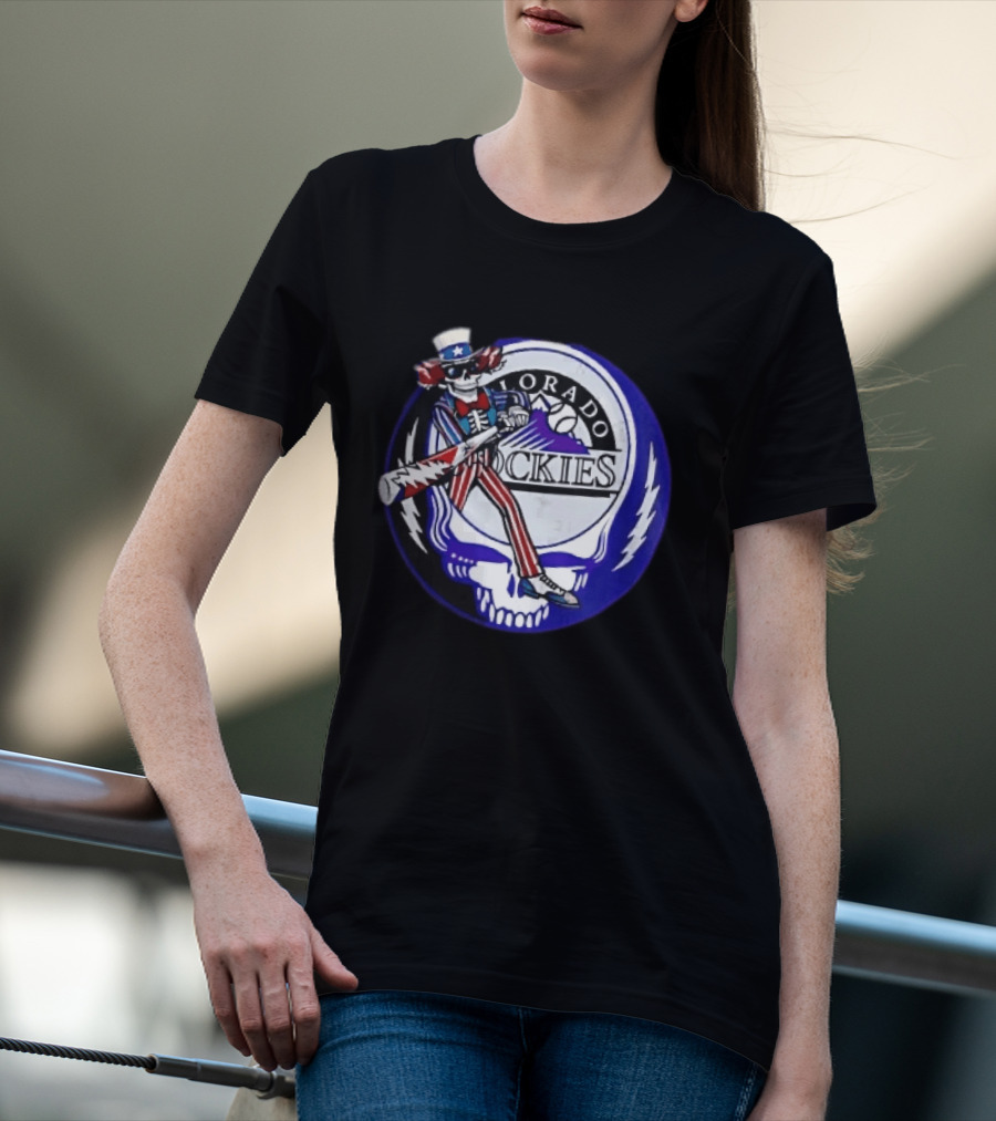Colorado Rockies Grateful Dead Uncle Sam Skeleton Batting Lightning Stealie Skull T-Shirt