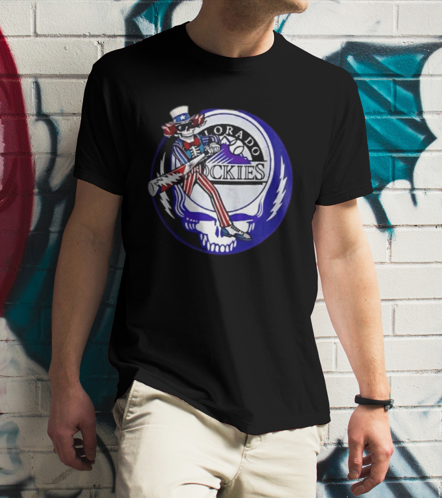 Colorado Rockies Grateful Dead Uncle Sam Skeleton Batting Lightning Stealie Skull T-Shirt