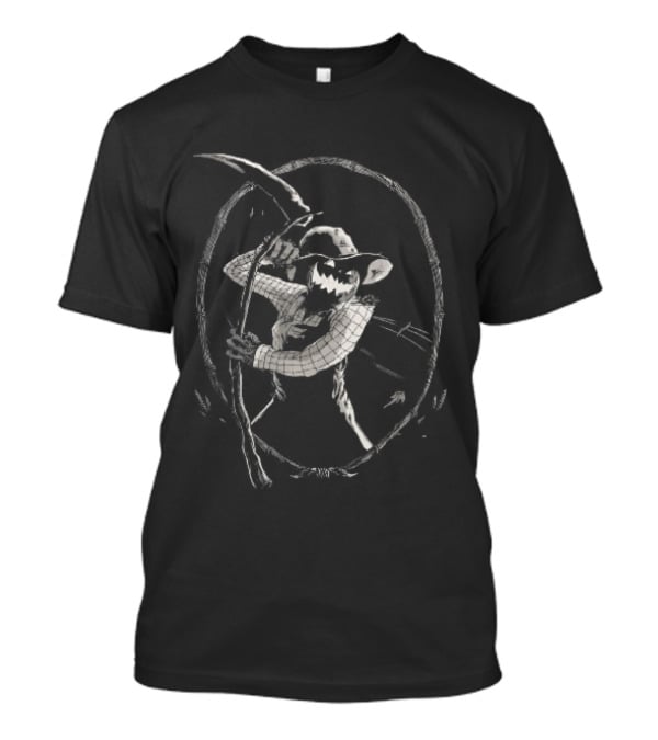 Jack O Lantern Scarecrow Holding Scythe Oval Twig Frame T-Shirt