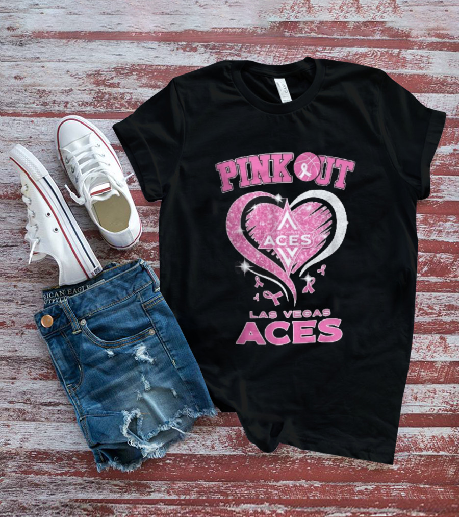 Las Vegas Aces Pink Out Glitter Heart Breast Cancer Awareness Ribbons WNBA T-Shirt