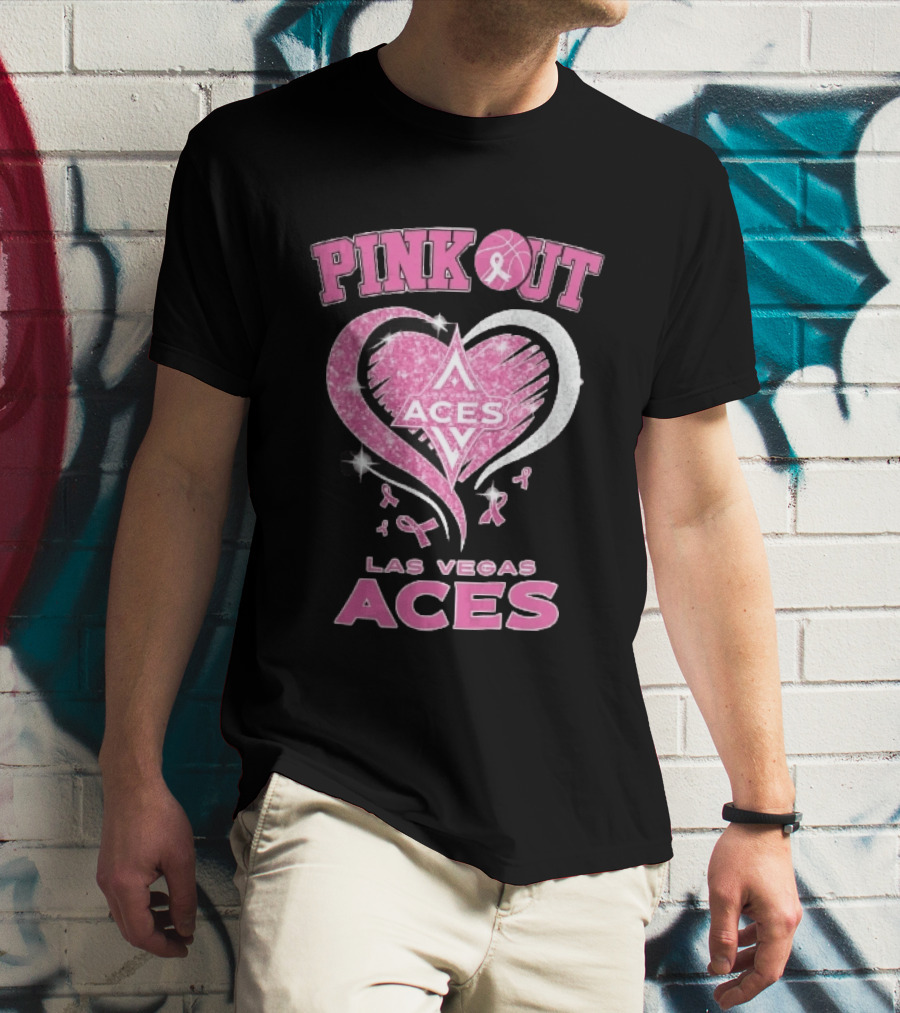 Las Vegas Aces Pink Out Glitter Heart Breast Cancer Awareness Ribbons WNBA T-Shirt