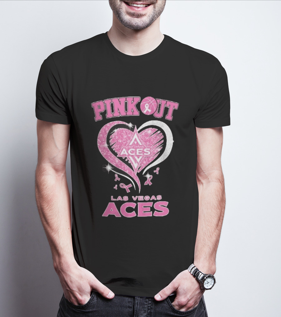 Las Vegas Aces Pink Out Glitter Heart Breast Cancer Awareness Ribbons WNBA T-Shirt