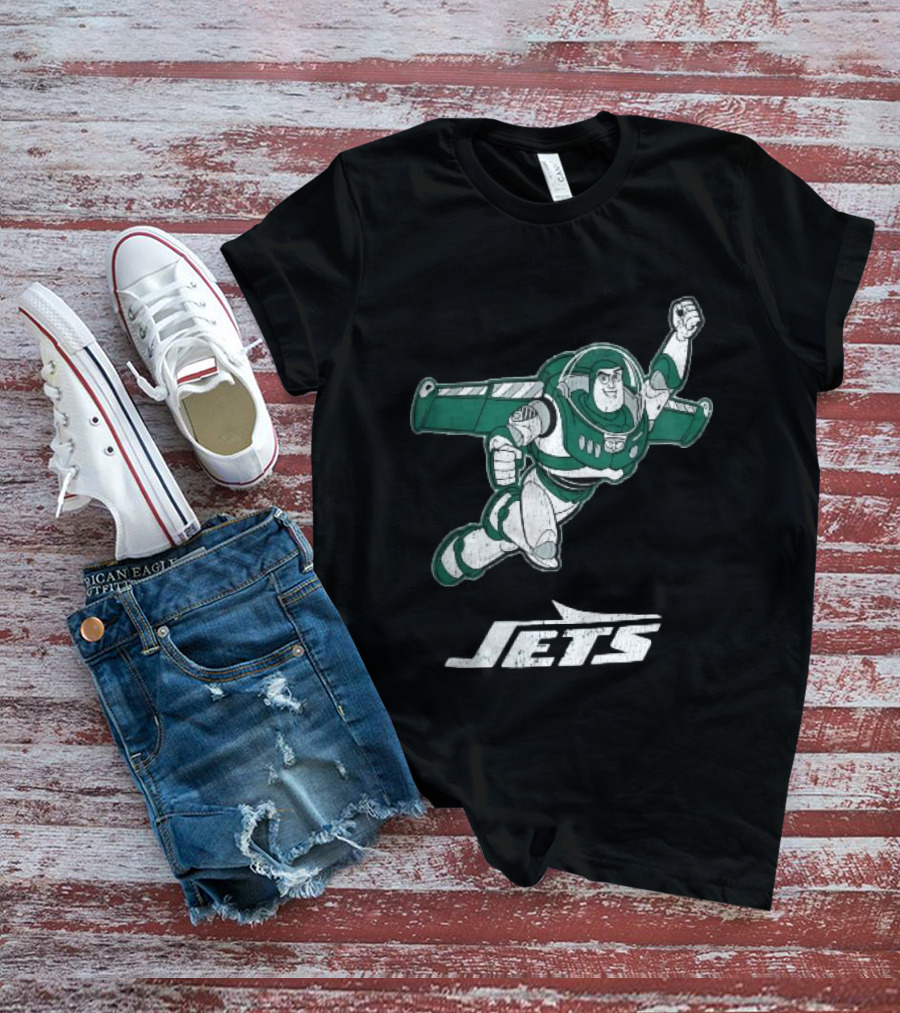Buzz Lightyear Flying New York Jets Distressed Cartoon T-Shirt