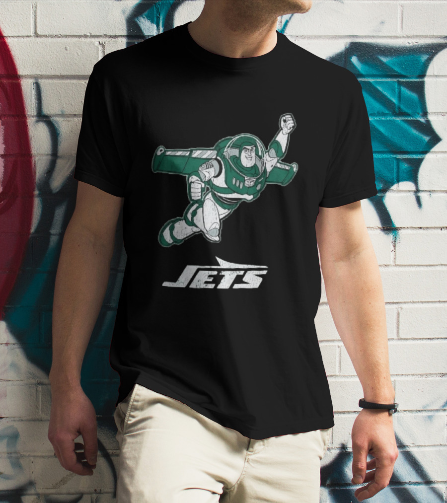 Buzz Lightyear Flying New York Jets Distressed Cartoon T-Shirt