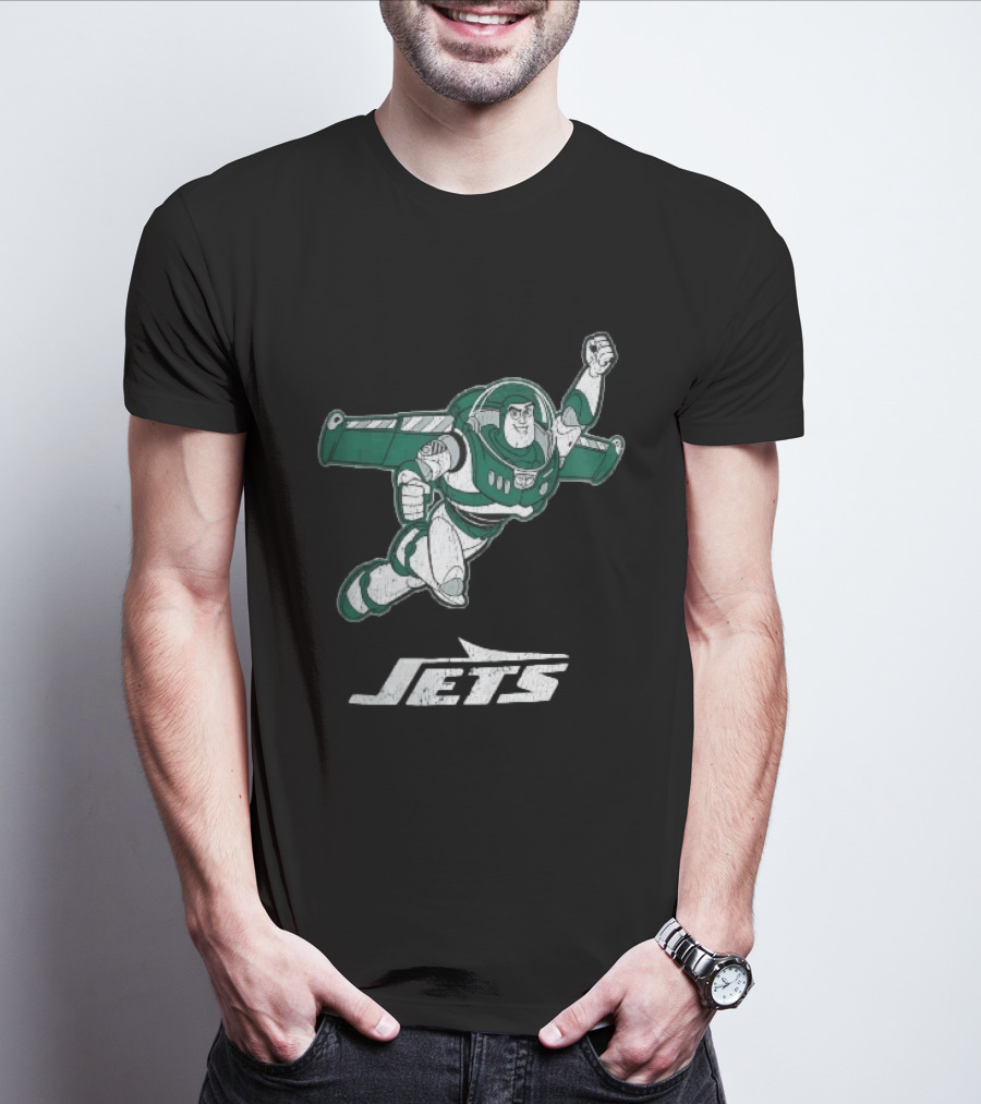 Buzz Lightyear Flying New York Jets Distressed Cartoon T-Shirt