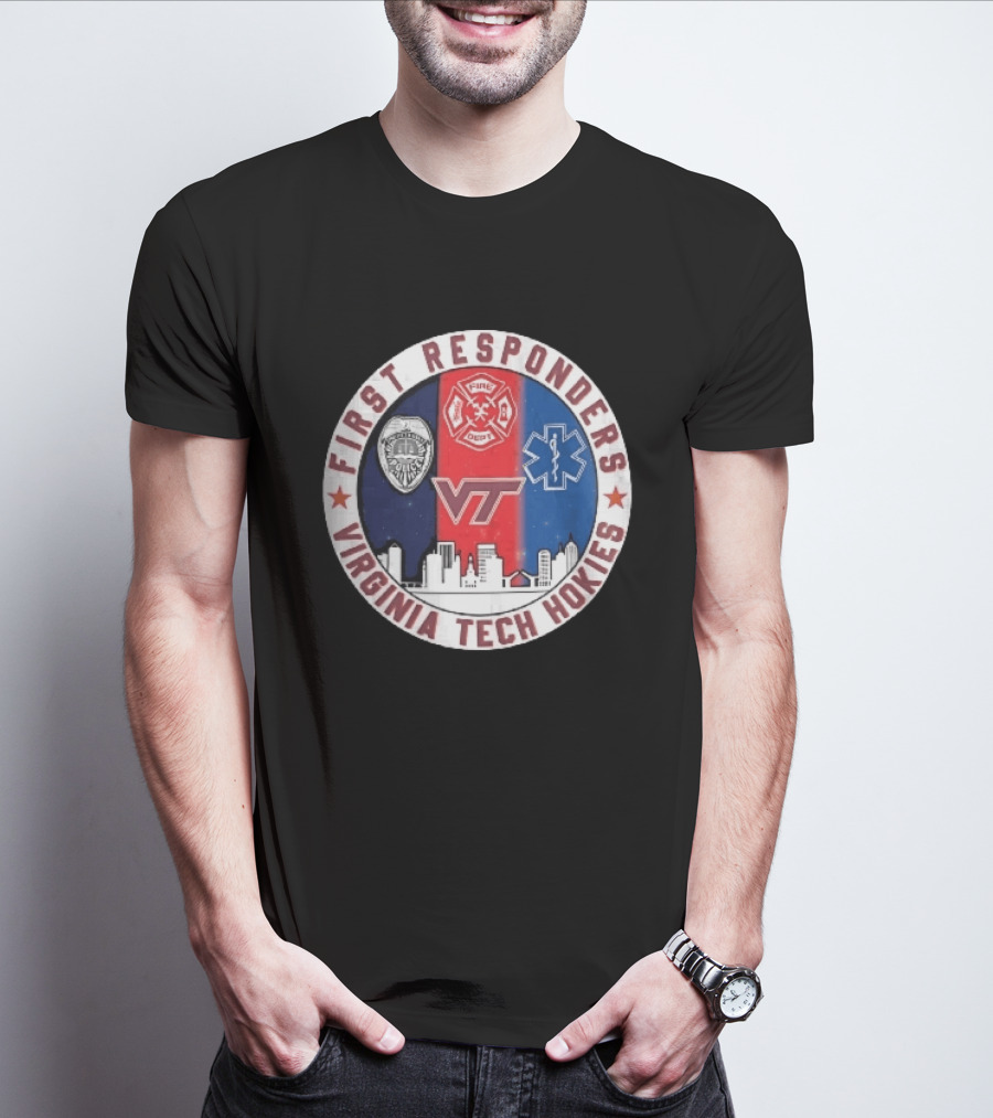 Virginia Tech Hokies First Responders Police Fire Dept EMS Star Skyline T-Shirt