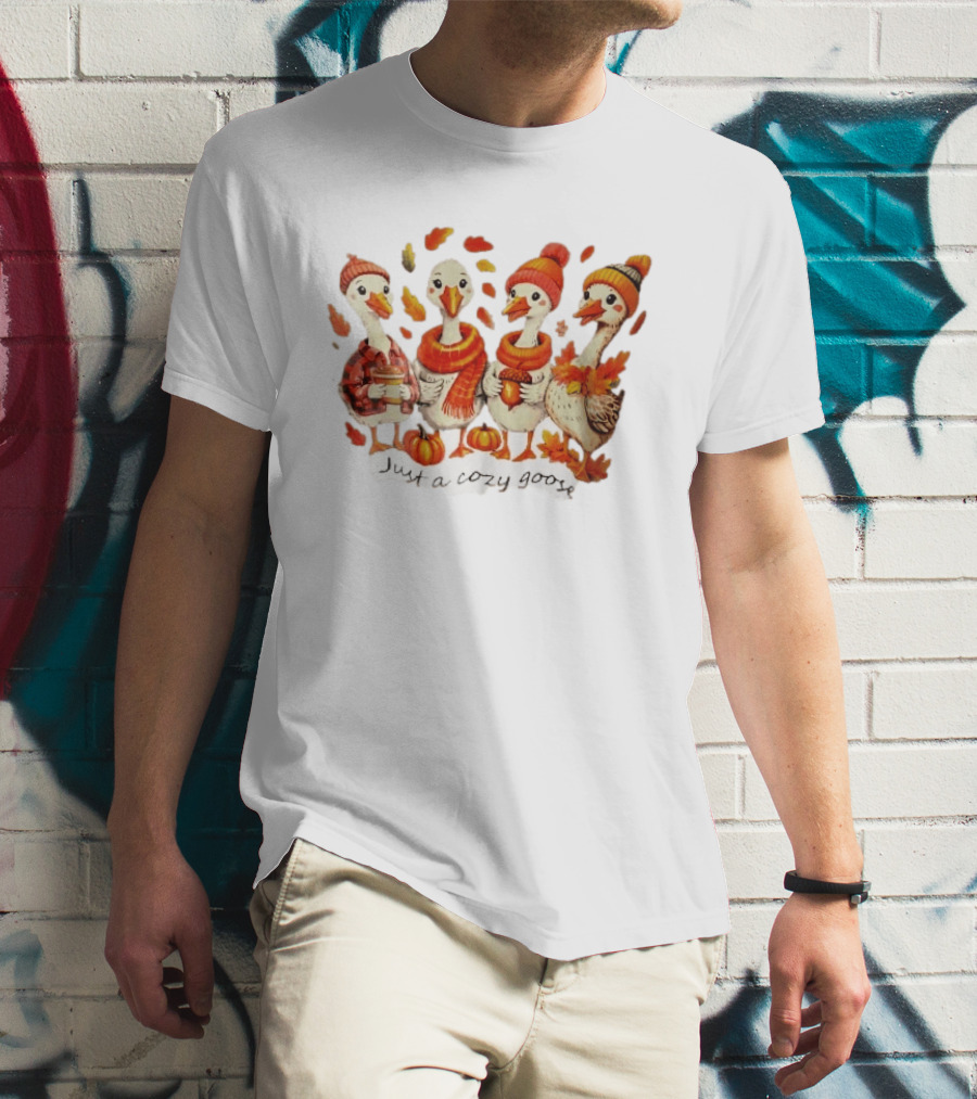 Cozy Goose Autumn Theme Four Cartoon Birds Leaves Pumpkins T-Shirt