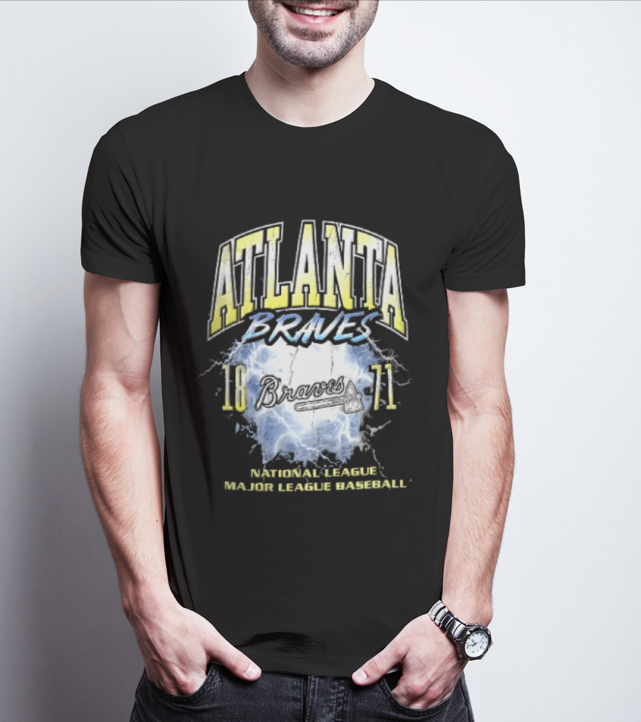Atlanta Braves 1871 Lightning Burst National League Major Baseball Tomahawk Script T-Shirt