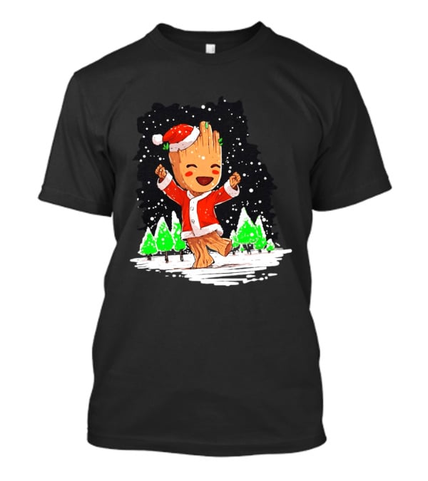 Dancing Santa Groot Christmas Trees Snow Scene T-Shirt