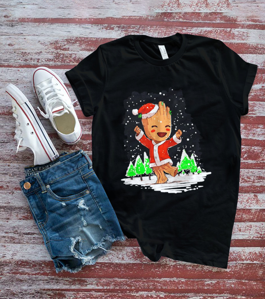 Dancing Santa Groot Christmas Trees Snow Scene T-Shirt